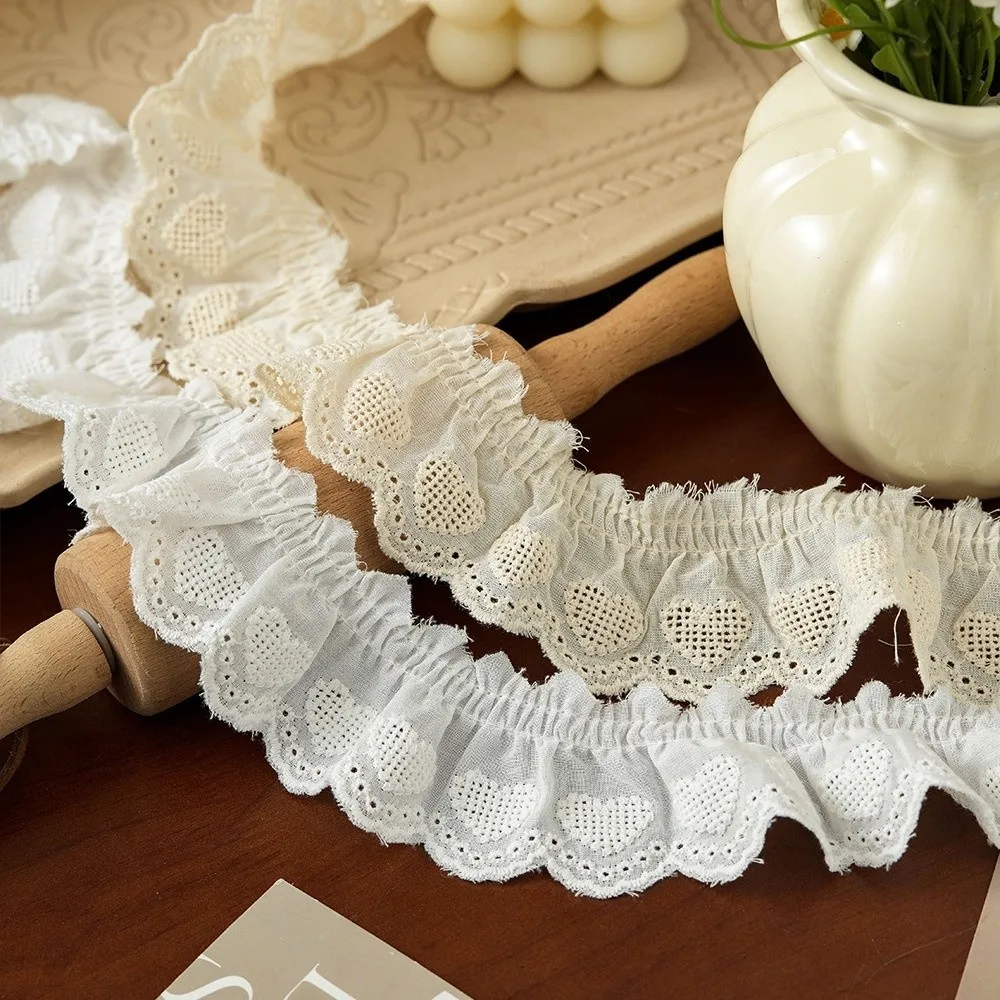 DIY 5cm Wide Ruffle Trim Cotton Heart Embroidered Pleated Fabric Ribbons Handmade Clothing Lace Material Clothing Decorative