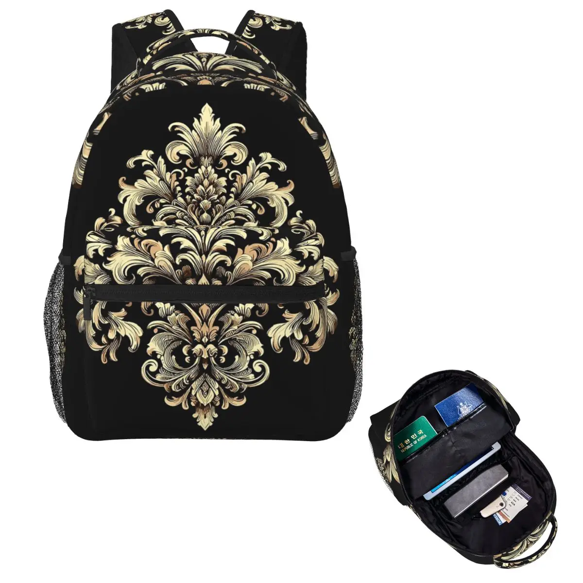 

Damask Style Gold Pattern Student Backpack School Bag Hiking Travel Daypack for Men Women Fashion Bookbag Shoulder Bags