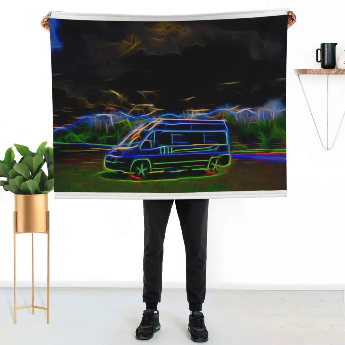 Campervan With Weird and Wonderful Bright Colours and Neon Lights Throw Blanket Easy Care Comfortable Blanket for Couch