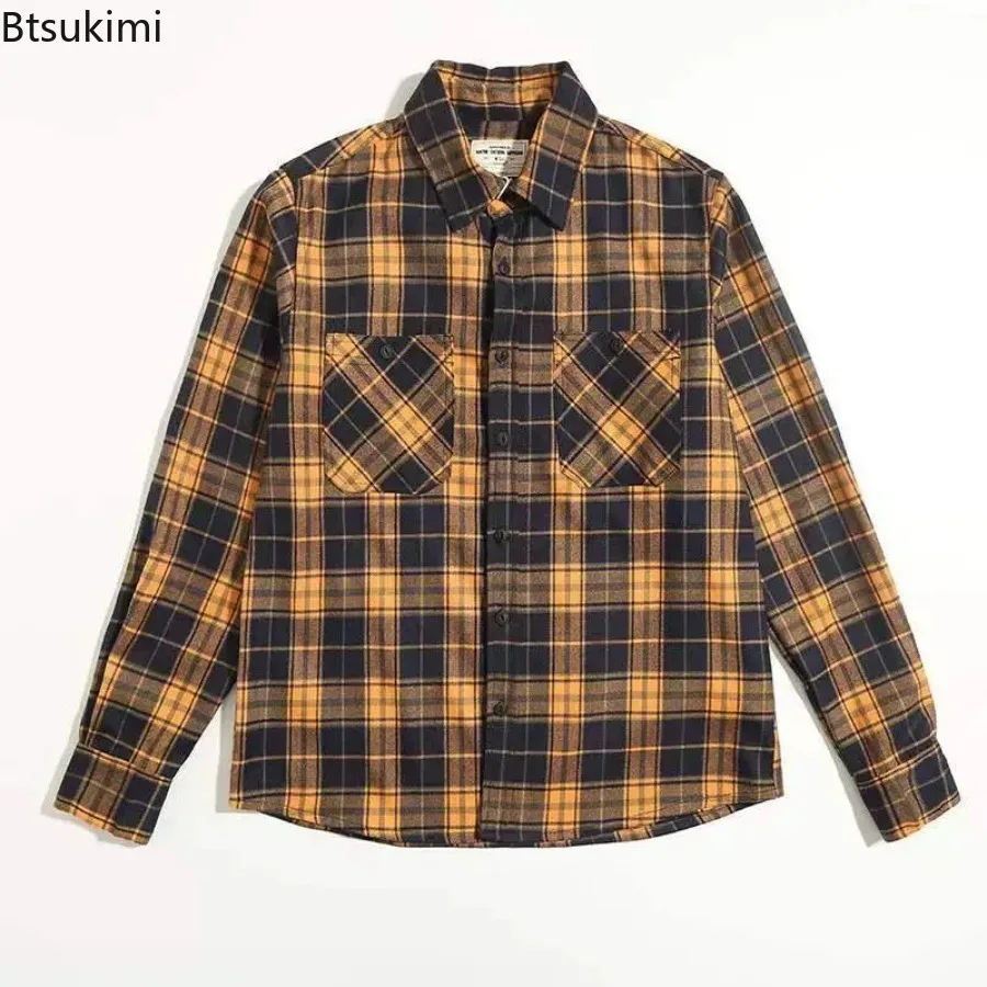 

Men's Autumn Retro Heavyweight Long-Sleeve Lapel Plaid Cargo Shirt New Style Simple Washed Double Pocket Casual Blouses for Men