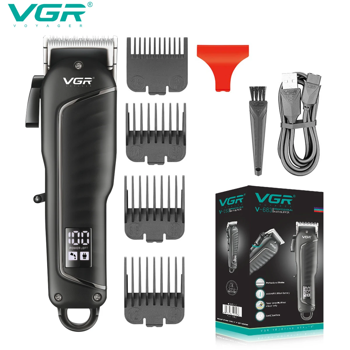 ماكينة قص الشعر VGR 683 الاحترافية لقص الشعر، ماكينة حلاقة قابلة لإعادة الشحن، ماكينة تشذيب العرض الرقمي للرجال