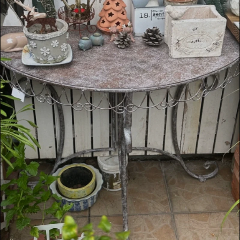 Iron Half Round Console Table Wall Leaning Plant Stand for Balcony Rustic Metal Entryway Shelf for Courtyard Decor Flower Rack