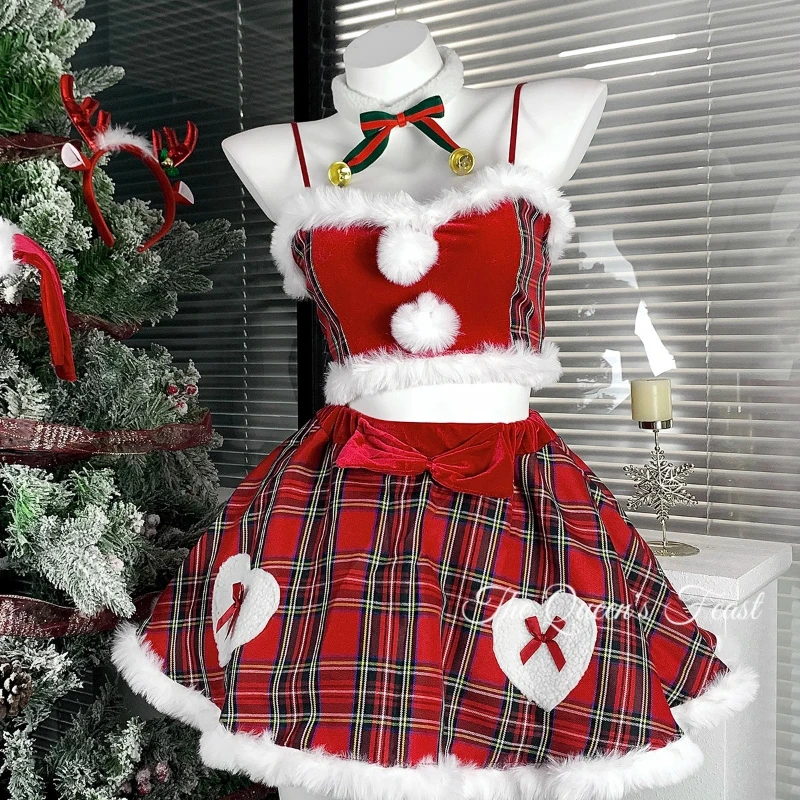Kerst Outfit 2025 Winter Nieuwe Rode Fluwelen Raster Splicing 2 Stuk Zoete Cool Sexy Korte Rok Uniform Hot Girl Groep set Dames