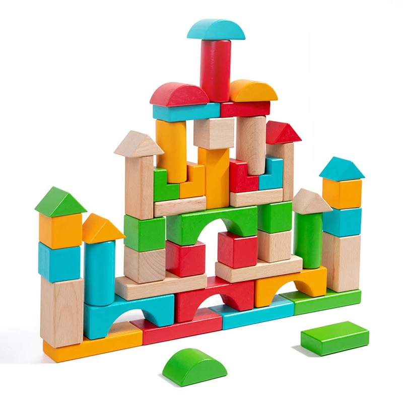 50pcs/set Wooden Geometry Rainbow Stacking Building Blocks Toys Big Blocks Assembly Stacker Game with Wood Box Educational Gifts