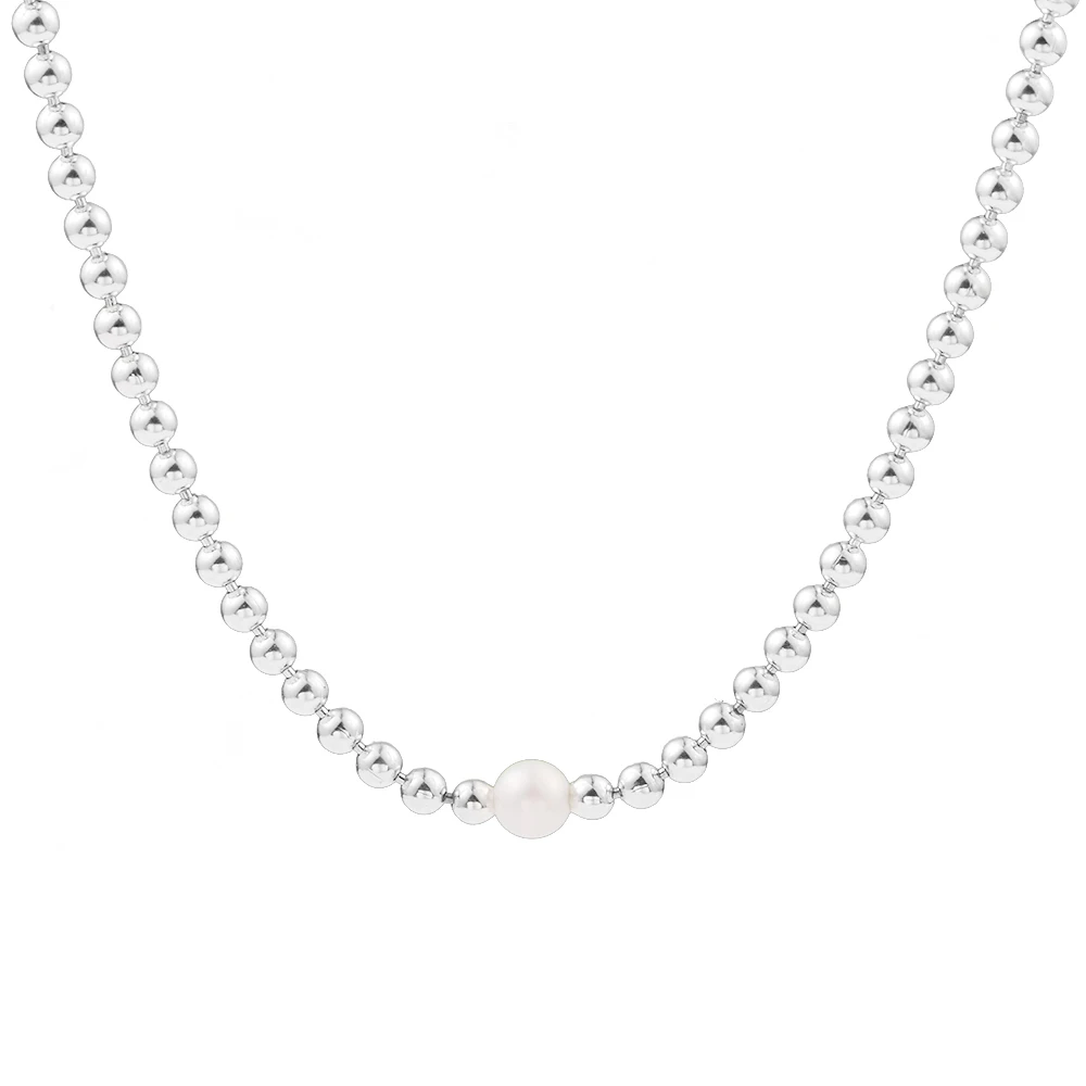 Treated Cultured Pearl & Beads Collier Necklace Sterling Silver Chain Woman Jewelry Making Fits Original Charms Mother's Day