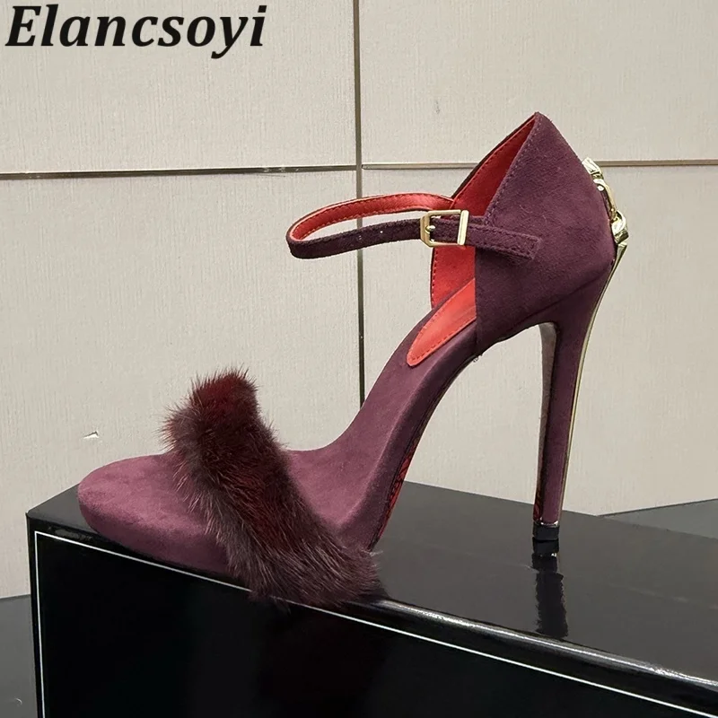 Sandalias One Strap Fur Decor Super High Heels Sandals Women Open Toe High Heel Dress Shoes Summer Ankle Strap Gladiator Mujer