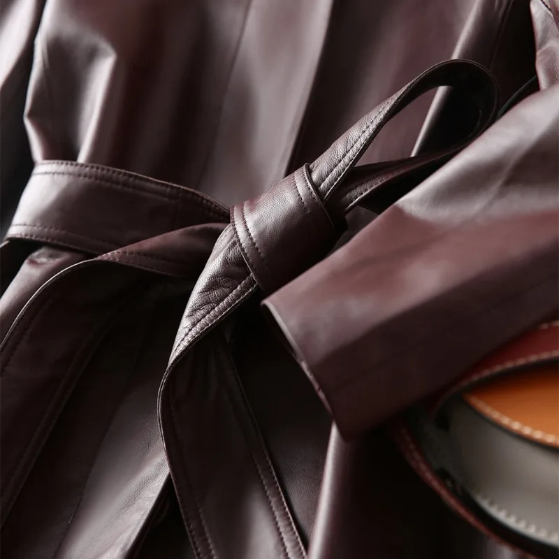 New in Jackets Genuine Leather Sheepskin Jacket Long Styles Lace Up Single Breasted Lapels Tops Spring Autumn Women's Jackets