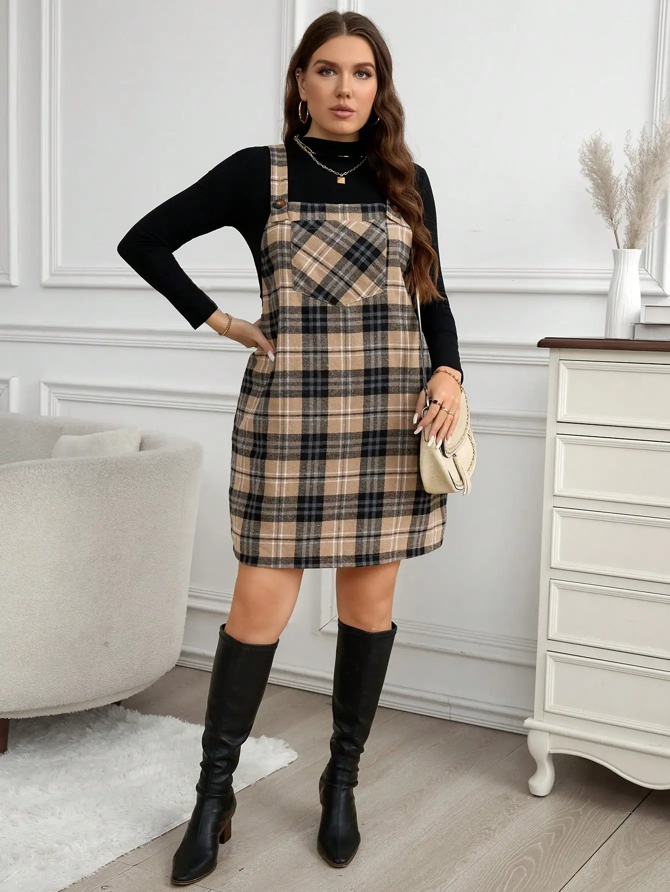 Grande taille sangle ample bouton poche Plaid décontracté Mini robe grande taille automne vêtements robes pour les femmes
