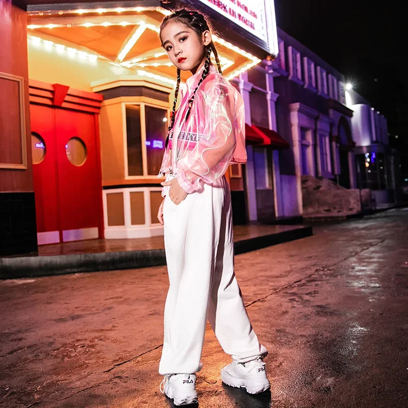 Fato infantil de Hip Hop, roupa de palco, traje de dança jazz para meninas, tops rosa, calça branca