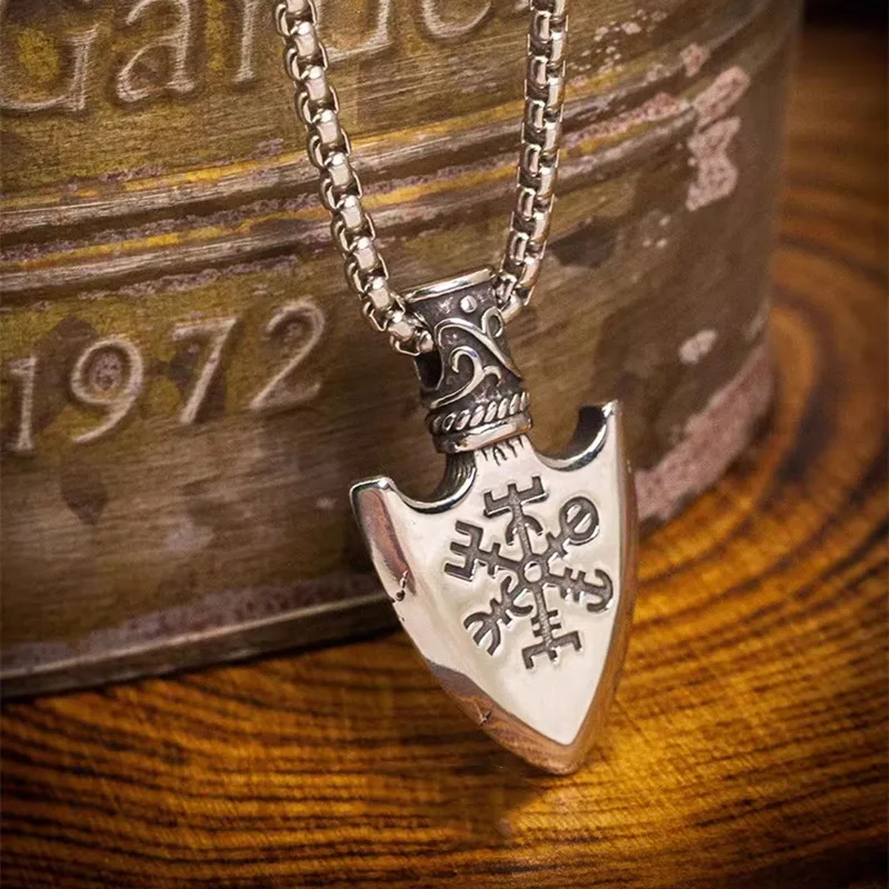 Nordic  Spear Front and Back Totem Pendant Compass Necklace Men\'s Personality Punk Trend Hip Hop Jewelry