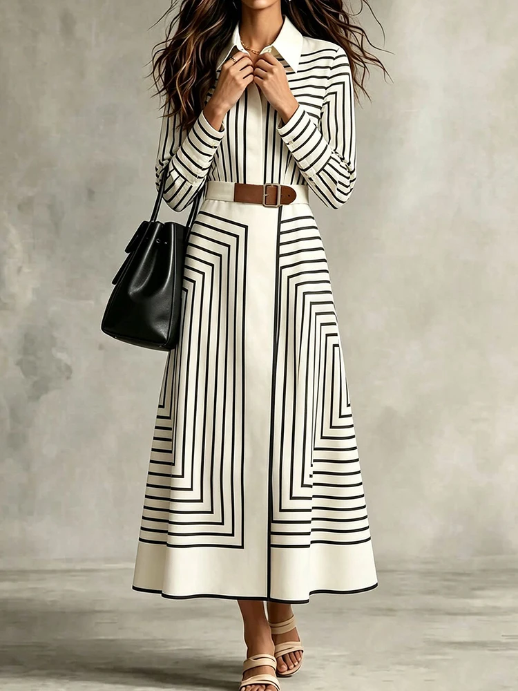 Long Sleeve Party Dress Buttons Simple Printing Fashion Ladies Dress Autumn Women's Elegant Turn Down Collar Maxi Dress Vestido