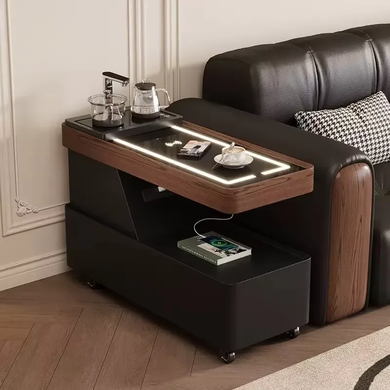 Modern Italian Style Mobile Side Table with Wheels Wood Frame Tempered Glass Top Smart Sofa Cabinet Locker for Living Room