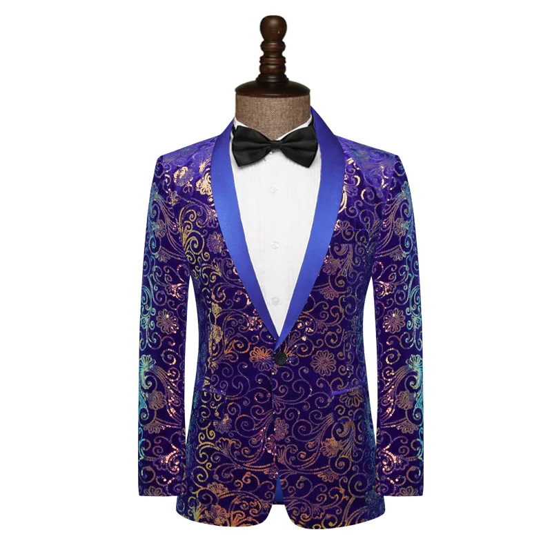 

2024 Men's Cloud Pattern Sequined blazer Host Singer Dress Green Fruit Collar Stage Performance blazer