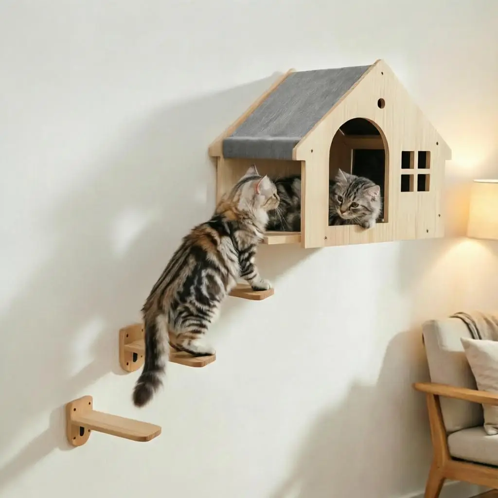 1pc Wall Mounted Cat Condo Villa Wooden Cats Climbing Floating Shelf Kitten House Wall Furniture for Sleeping and Resting