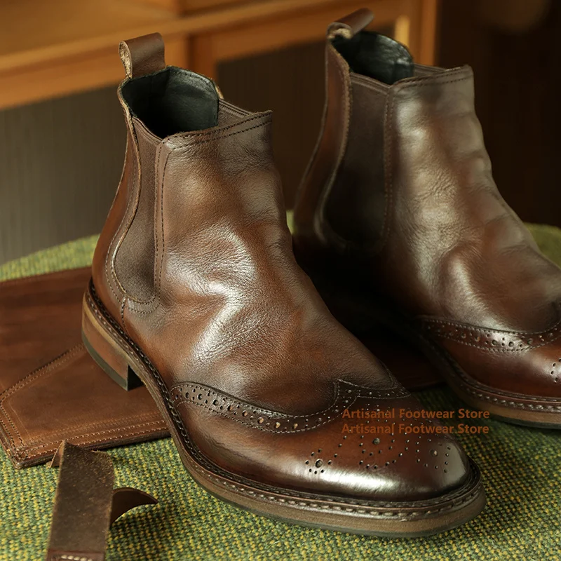 

Carved High Top Chelsea Boots British Style Genuine Leather Business Casual Leather Shoes Trendy Elastic Band Men's Boots