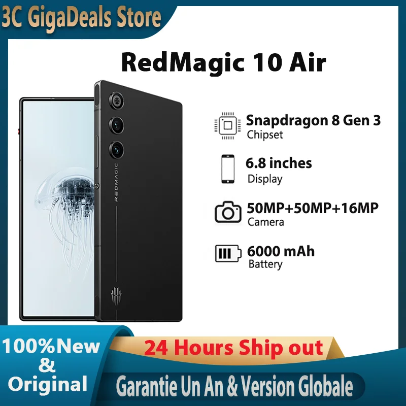 هاتف RedMagic 10 Air Snapdragon 8 Gen 3 الإصدار العالمي 6.8 بوصة 50 ميجابكسل AMOLED 120 هرتز 6000 مللي أمبير 80 وات سلكي NFC هاتف ذكي
