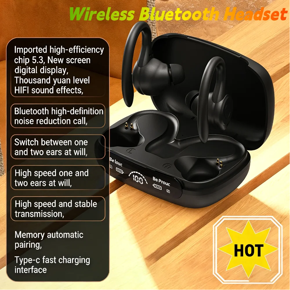

HiFi Stereo Wireless Earbuds Bluetooth 5.3 Ear Hook Headphones Physical Noise Cancellation Power Display Single-Twin Mode for Ru
