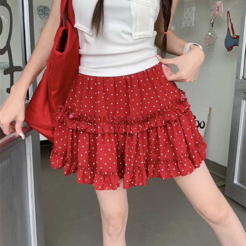 

Plus Size Polka Dot Skirt High Waist Slimming Petite Fluffy Layered Mini Skirt With Anti Peek Lining