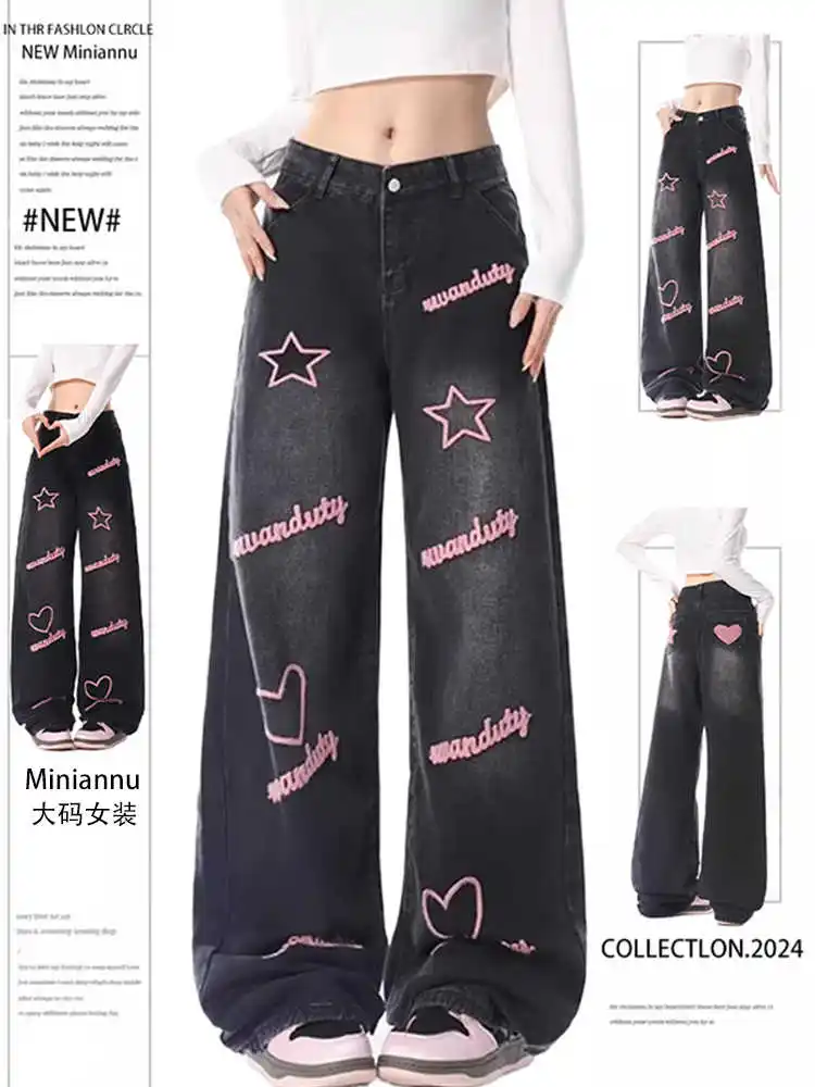 

Женские мешковатые джинсы 2000-х годов, корейская уличная одежда Y2k, джинсовые брюки с вышивкой, широкие длинные брюки High Street, новинка в стиле Харадзюку