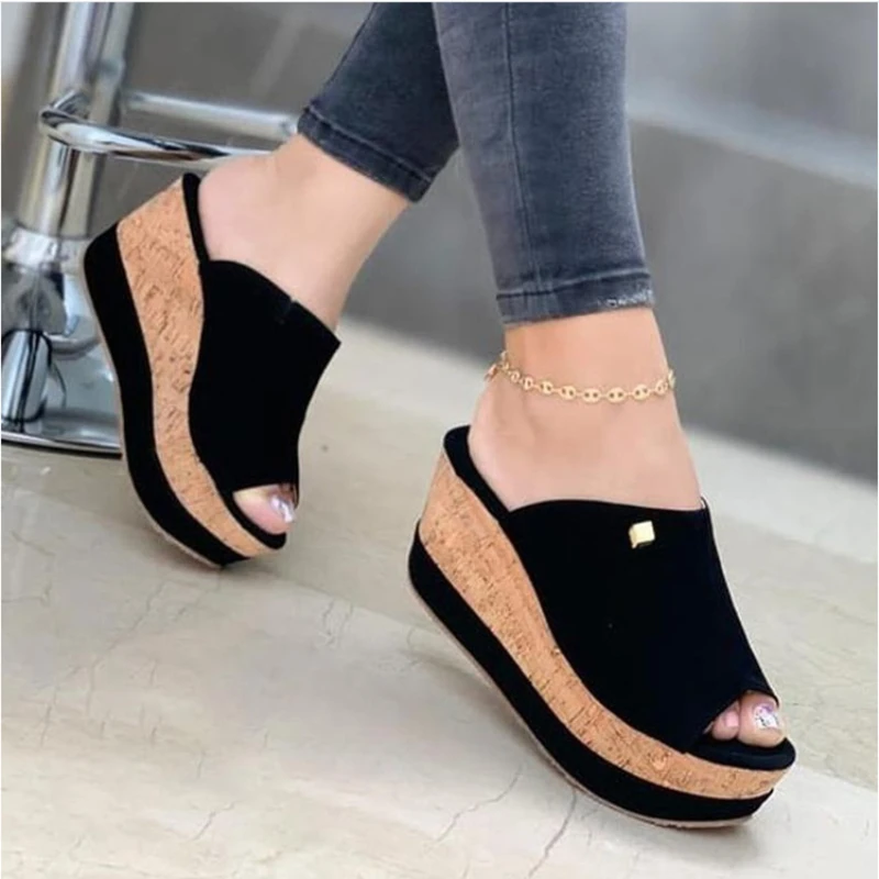 Slippers Summer Clogs Wedges  Retro Fish Mouth Large Size Sandals Women High Heel Platform Solid Color Plus Size Shoes Sandalias