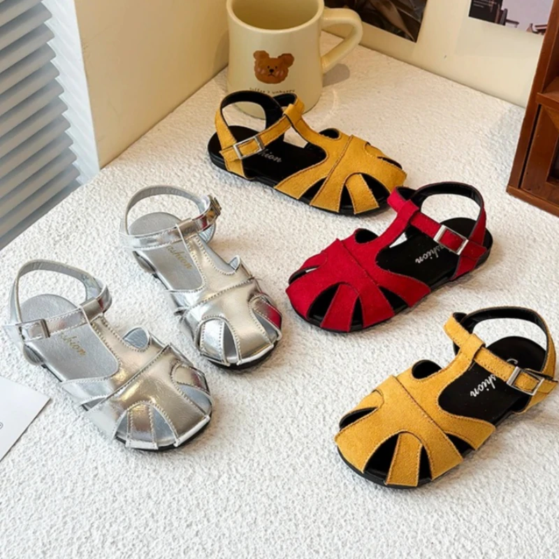 

Kids Leather Cage Sandals for Girls 2026 Summer New Toddler Beach Shoes Non-slip Princess Elegant Retro Kid Garden Wedding Flats