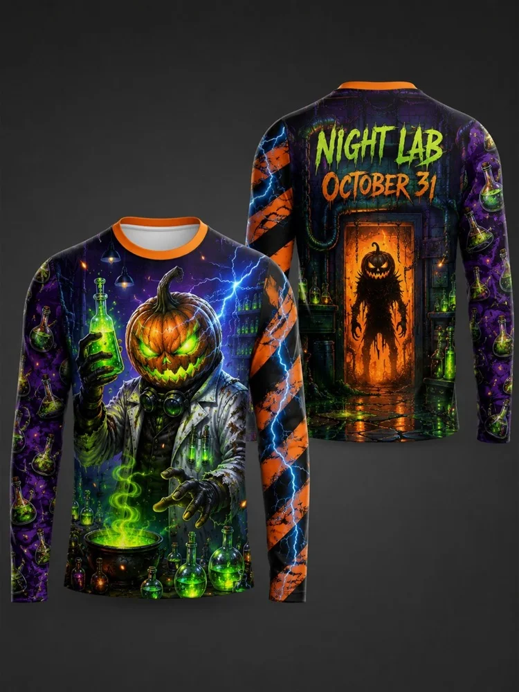 Men's Gothic Halloween Night Long Sleeve T-Shirt Cross Pumpkin Raven Bat Castle Candle Flame Graphic Pullover Tops Gift 2026
