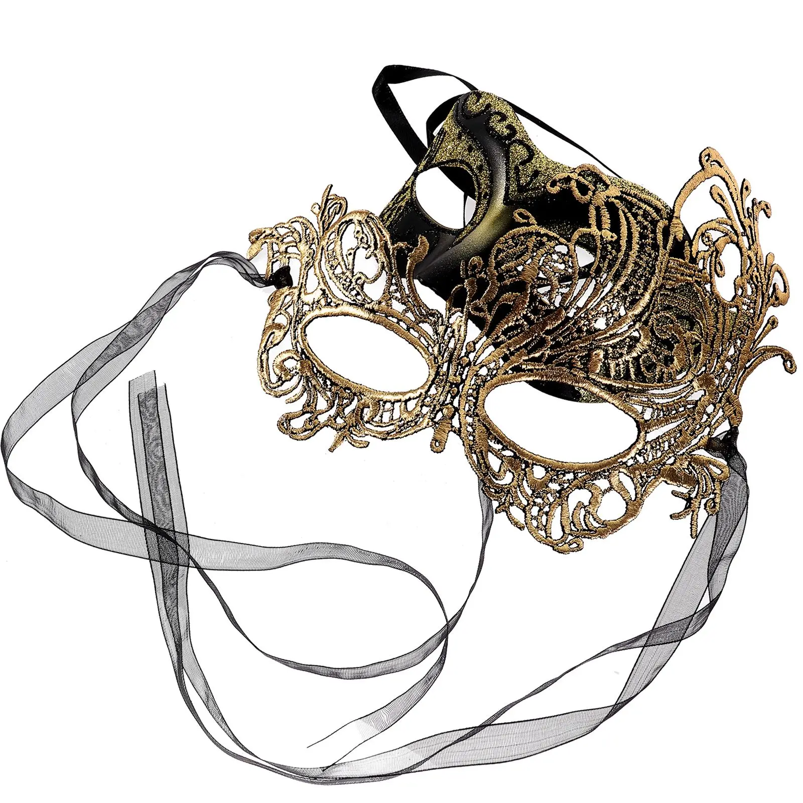 

2Pcs Jazz Golden Masquerade Lace Face Masks Women Masquerade Lace Mask Half Mask Halloween Costume Party Prop