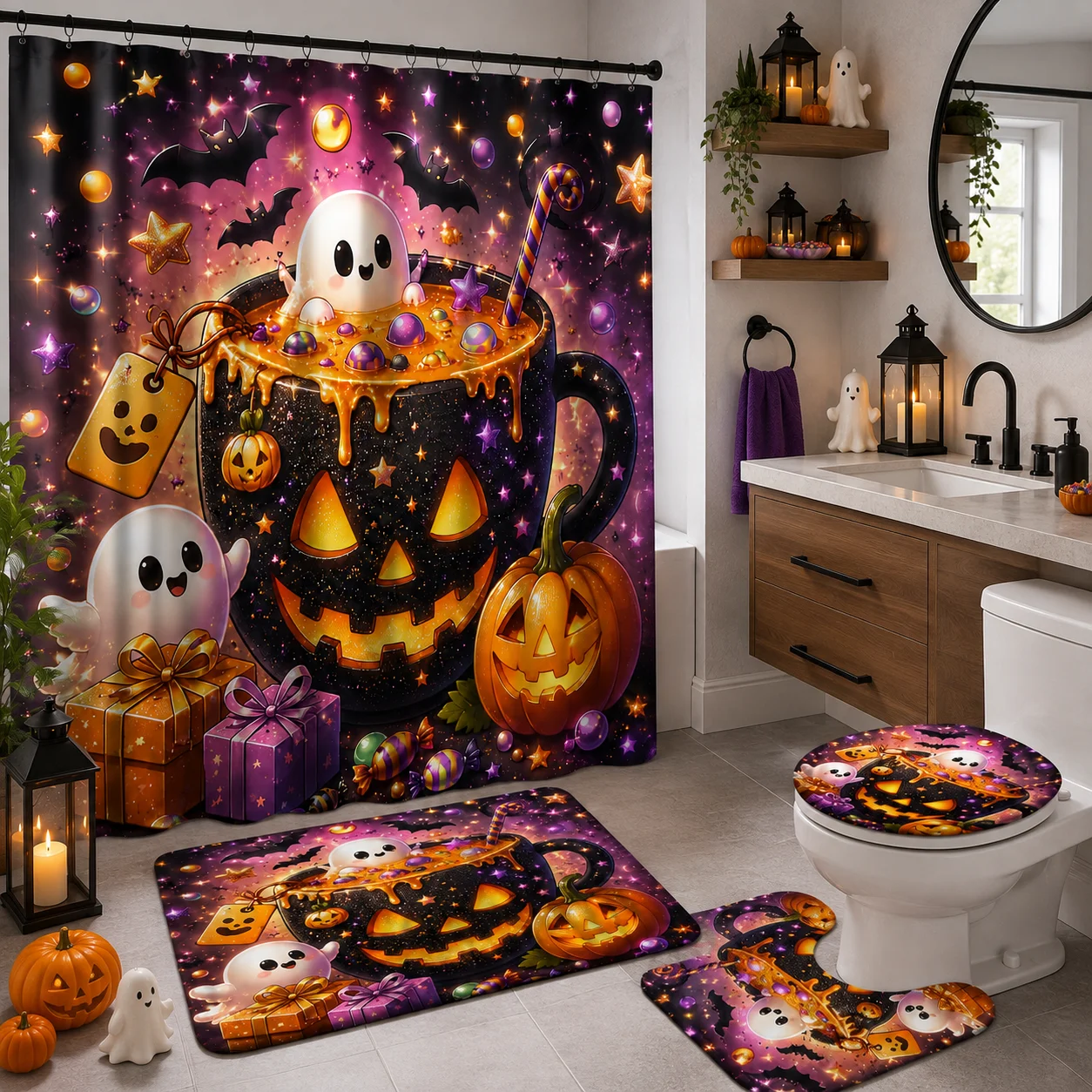 4pcs Halloween Glitter Star Pumpkin Mug Cute Ghost Candy Gift Box Shower Curtain Set, Halloween Decor Bathroom Curtain Set With 12 Hooks Include Non-Slip Bathroom, Toilet U-Shape, Toilet Lid Cover, Fashion Bathroom Accessories Halloween Gifts