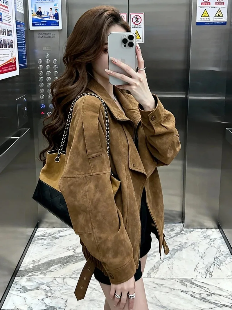 Women Faux Leather Coats Solid Jacket Turn Down Collar Long Sleeves Zipper Hem Belt Loose Fit Moto Streetwear 2026 Autumn Winter