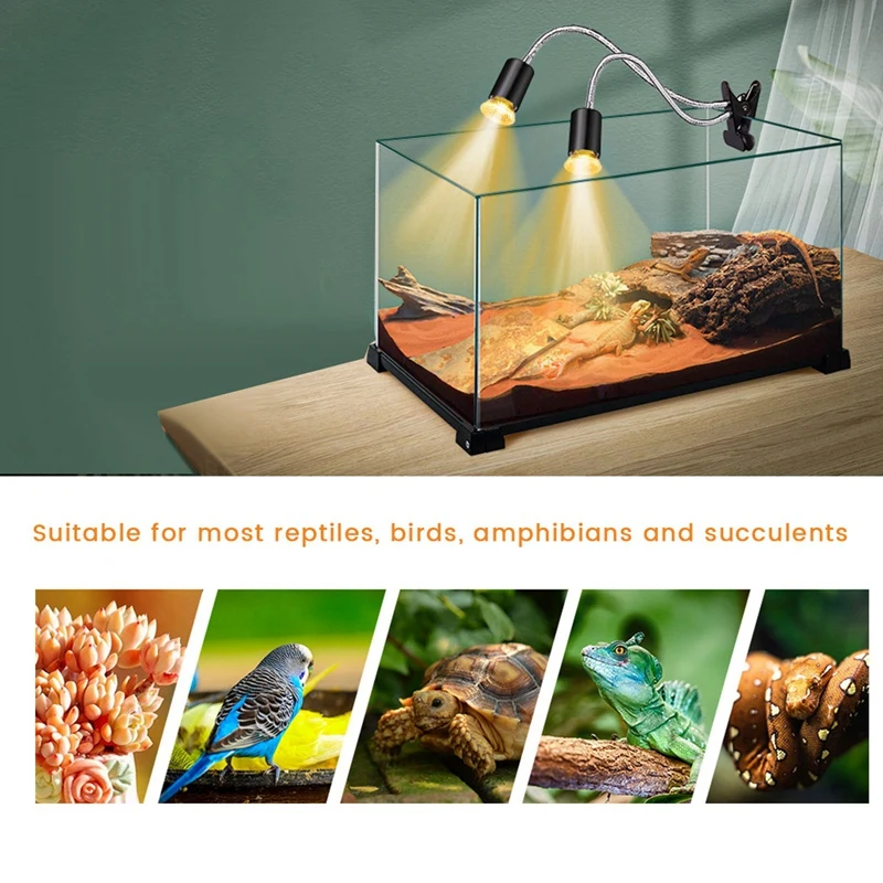 Reptile Heat Lamp, Double-Head Heat Lamp With Clamp,Reptile Light With Cycle Timer For Turtle, Bearded Dragon