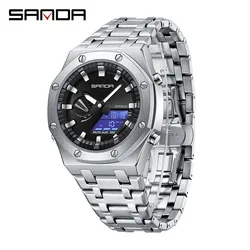 SANDA 3357 Men's Watch 2024 New Electronic Watch Steel Band Trend Cool Multifunction Alarm Hand Clock for Male Gift Watches