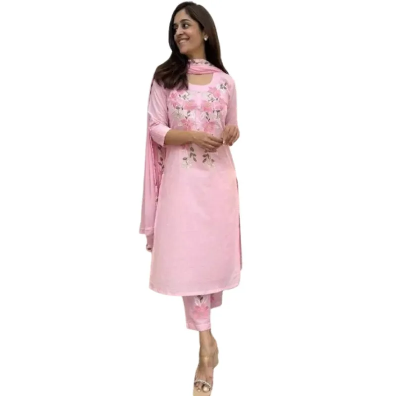 Розовый костюм Kurti Salwar с воротником и вышивкой, женский комплект Anarkali Kurta Pant Dupatta, индийский комплект