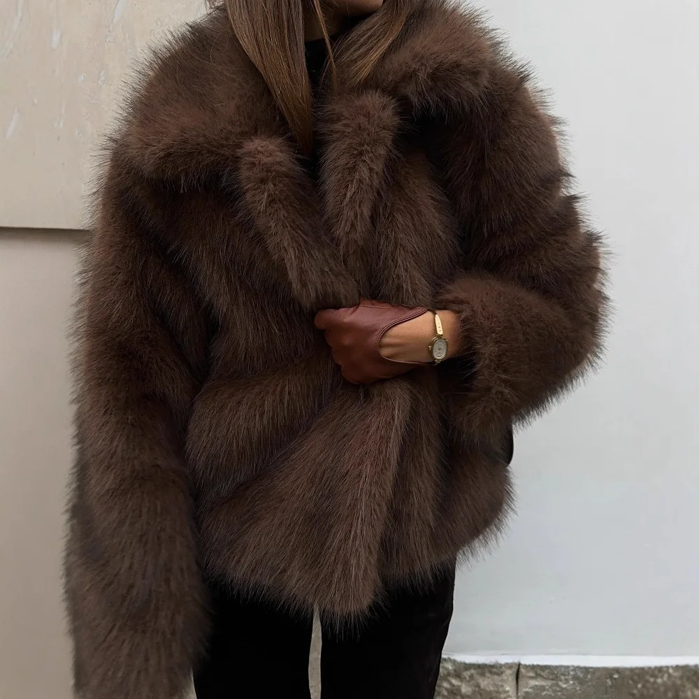 Stylowy zimowy płaszcz damski z futra norek, krótki, z gradientem, ze sztucznym kołnierzem, kurtka ze sztucznego futra dla kobiet, uniwersalny płaszcz damski ze sztucznego futra.