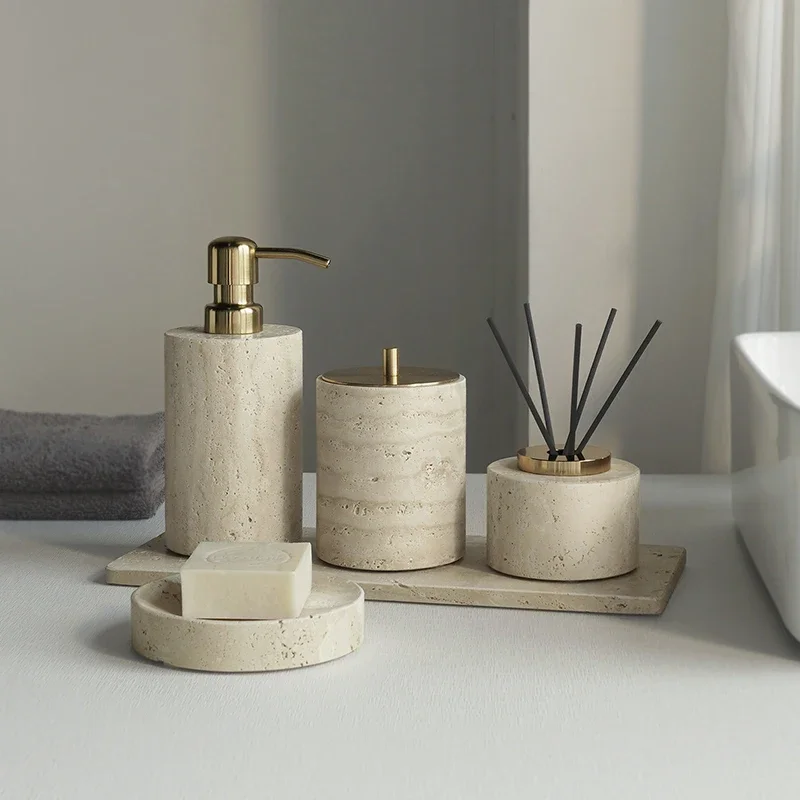 【Natural】Travertine Bathroom Set Luxury Soap Dish Soap Dispenser Tissue Box Vanity Tray Bathroom Accessories Set