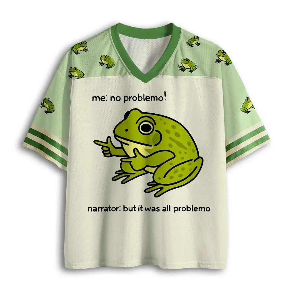Adults and Kids Frog Meme 3DPrint Jersey，Office Worker Spirit 'no Problemo' American Retro V-Neck Large-Sized Short Sleeve Shirt