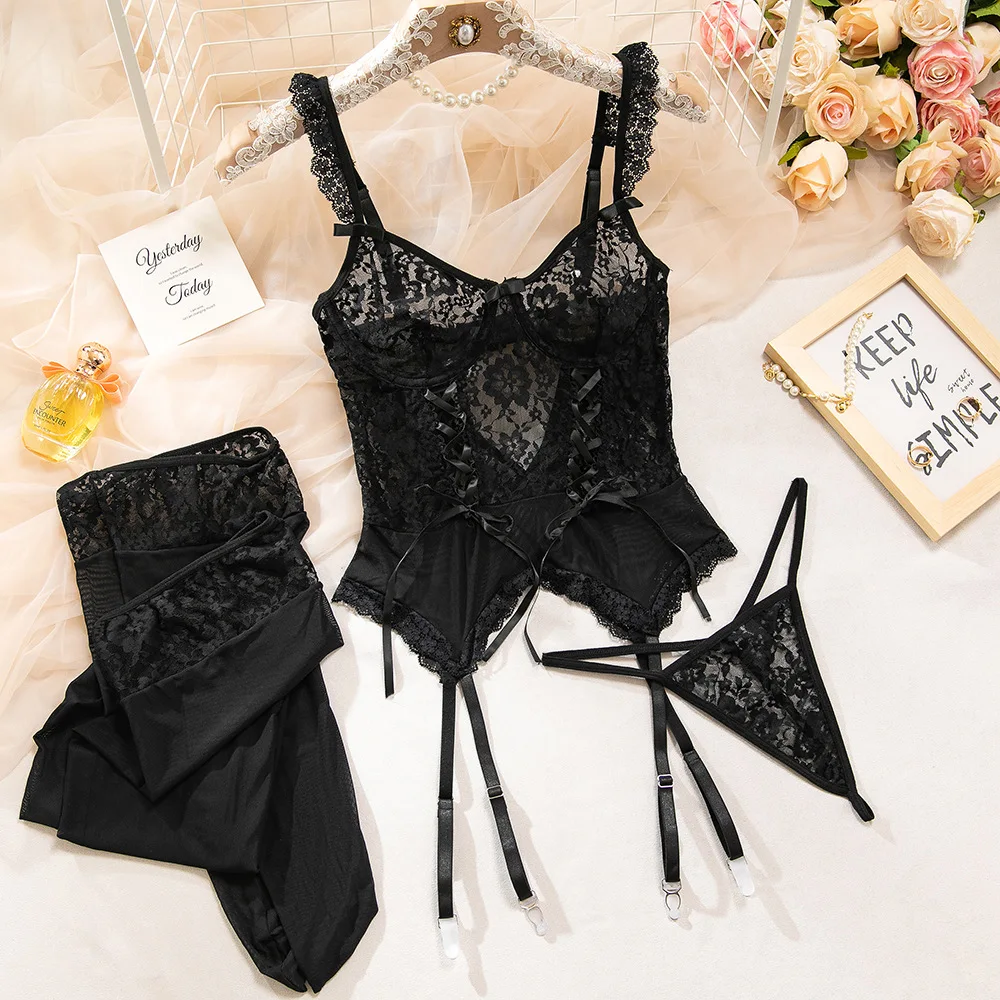 

Women Sexy Lace Erotic Set Mesh Embroidery See Through Lingerie Bra Thong Set Hollow Out Underwear Sexy Costumes