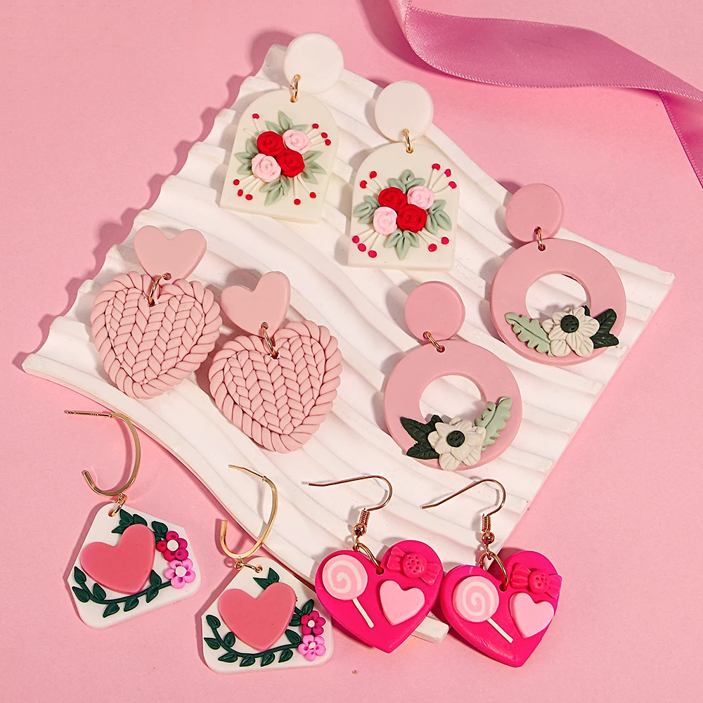 AENSOA Hollow Round Flower Earring For Women Polymer Clay Valentine\'s Day Girls Gift Heart Pattern Ear Accessories Jewelry INS