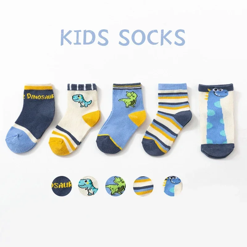 5Pairs/Set Autumn Winter Kids Socks Cute Pink Heart Girl Warm Middle Tube Socks Stripe Dinosaur Elastic Casual Socks