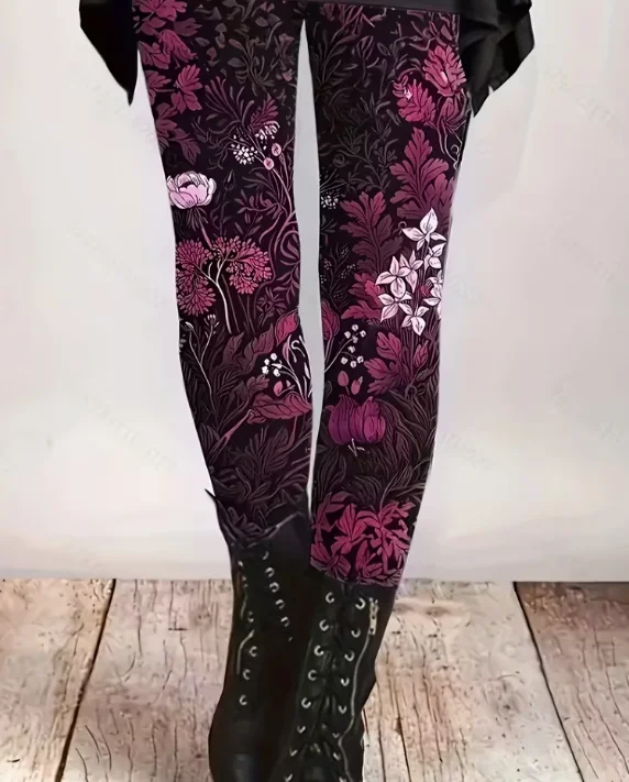 เลกกิ้งสตรี เลกกิ้งลายดอกไม้ย้อนยุค ถุงน่องยืดทรงสลิม กางเกงโยคะแฟชั่นเซ็กซี่ กางเกงออกกำลังกายสุดเท่