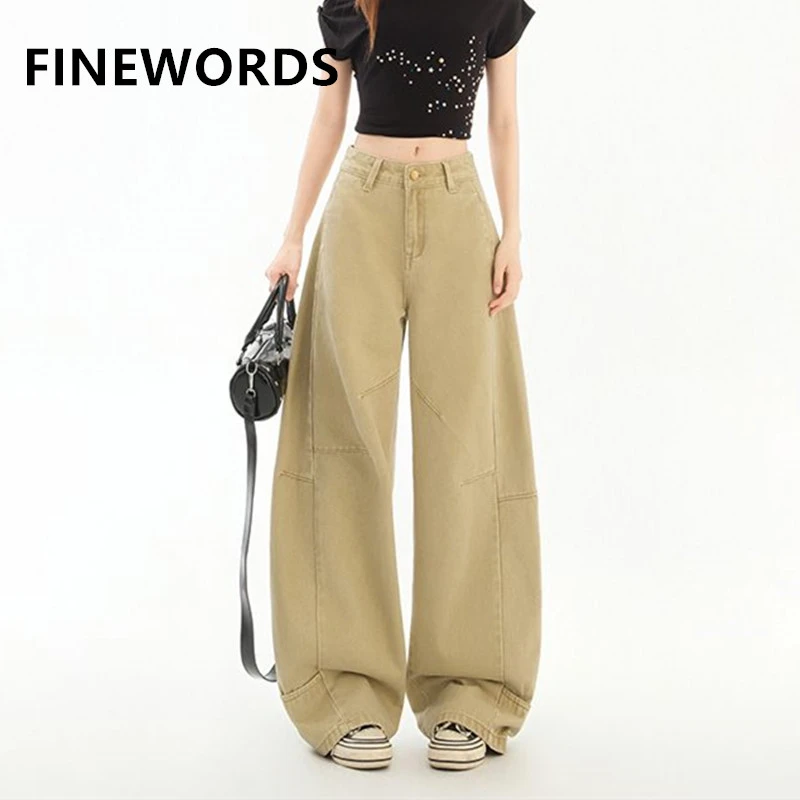 

FINEWORDS Vintage High Waist Wide Leg Khaki Jeans Women Easymatch Streetwear Korea Baggy Jeans Daily Wear Loose Harajuku Jeans