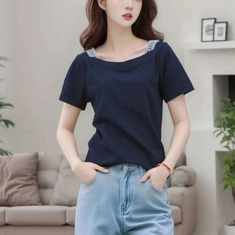 

Women's Rhinestone Decor Boat Neck Short Sleeve T-shirt Summer Casual Loose Top