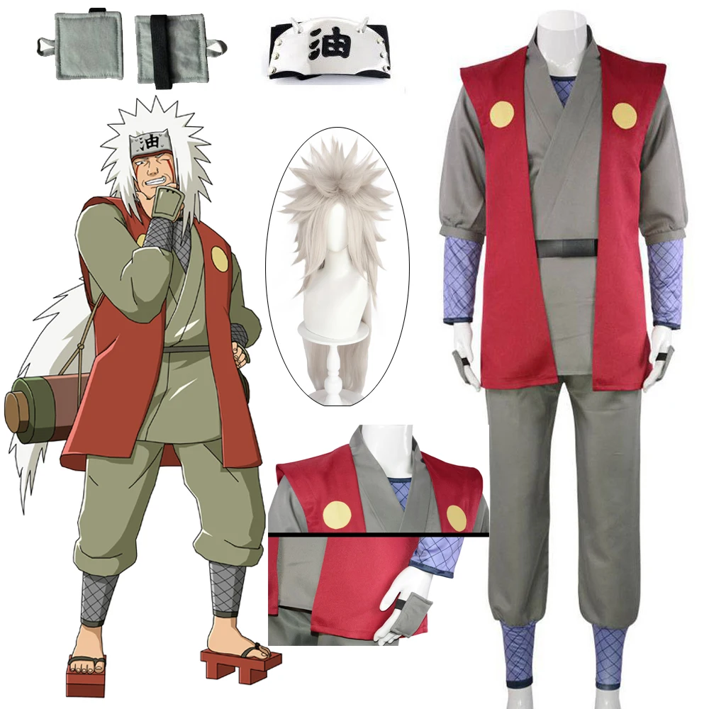 

Anime Jiraiya Cosplay Costume Ninja Jiraiya Full Set Outfit Wig Halloween Role Play Suit with Oil Forehead Protector Men Adult