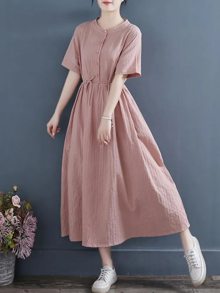 High Quality Women Casual Dresses New Arrival 2023 Summer Vintage Style Solid Color Loose Female Cotton Long Dress D524