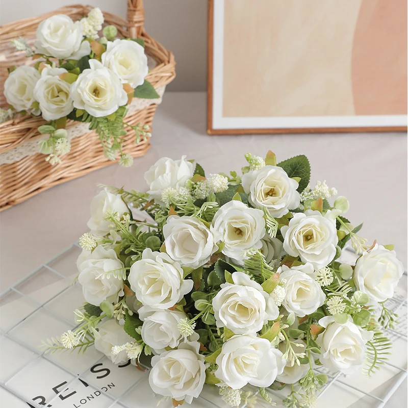 Rose Artificial Flowers Bouquet 30cm 5 Head 4 Small Bud Fake Flowers Wedding Decoration for Home Room Decor Flower Arrangement