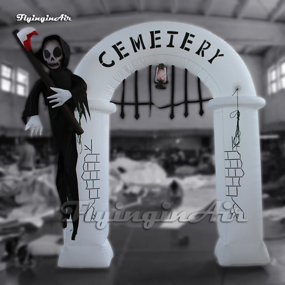 

3m Height Scary Outdoor Halloween Inflatable Cemetery Arched Door With Death For Entrance Gate Decoration