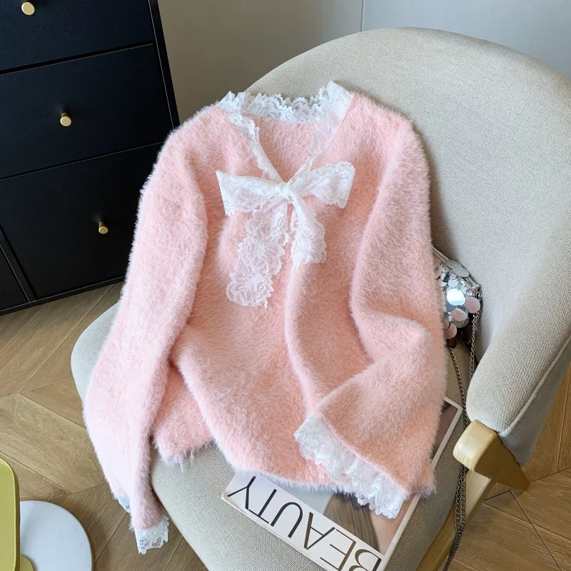 

Korean Sle Women's Thiened Knitted Sweater Soft Velvet Loose Fit Autumn Winter New Arrival Lace Trim Long Sve Base irt