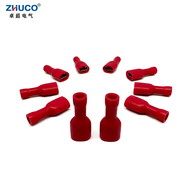 

100pcs FDFD1.25-250 6.35mm Red Electrical Cable Connector Faston Fully Insulated Female Brass Crimp Spade Terminal AWG22-16