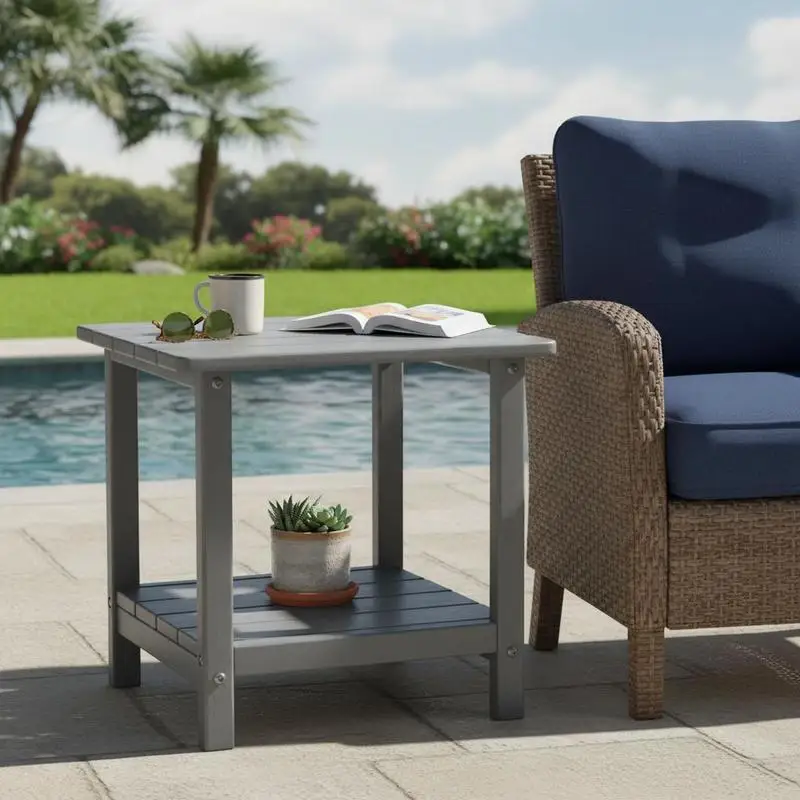 Table d'appoint en plastique, 45x38x44 cm, table de jardin en HDPE, table de balcon avec 2 étagères, table de chevet, table basse, table décorative, adaptée pour terrasse, piscine, plage, véranda, jardin, gris