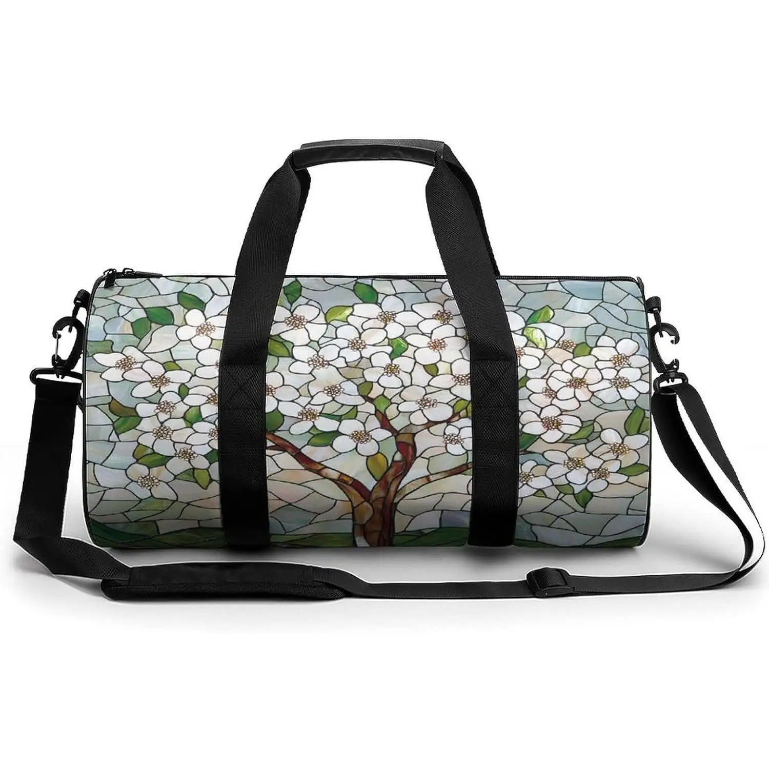 

Сумка для путешествий с изображением дерева с белыми цветами и зелеными листьями для женщин и мужчин, цилиндрическая спортивная сумка для тренировок с плечевым ремнем