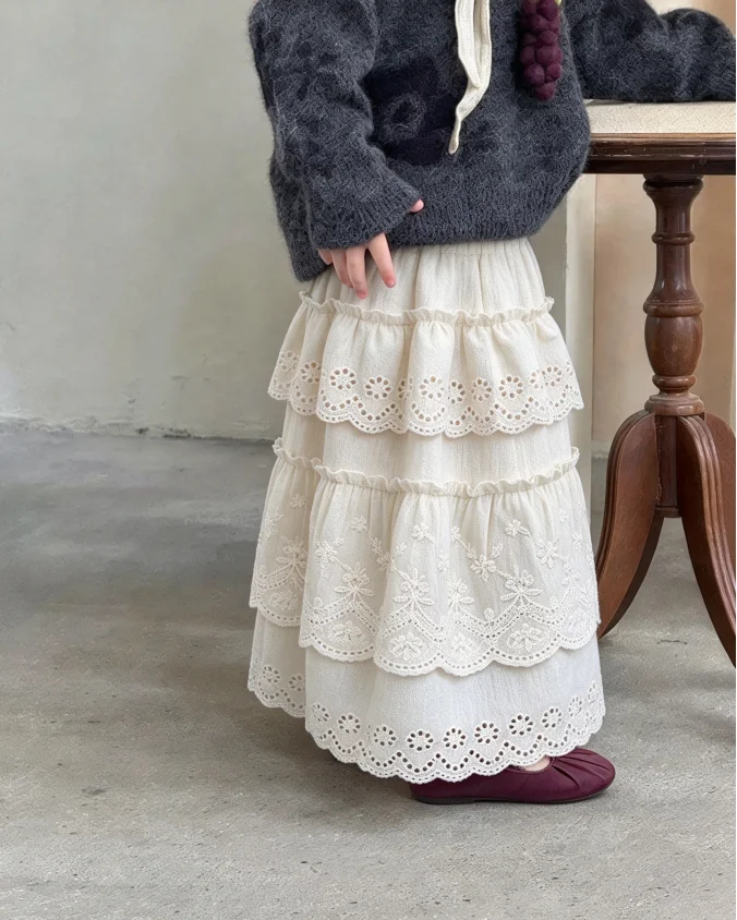 Girls Skirts 2026 Autumn New Fashion Stacked Skirt Children Clothes Girls Baby Flowers Embroidery Skirts